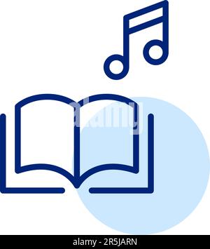 Kleines Logo für die elektronische Bibliothek von Hörbüchern. Buch mit musikalischer Note öffnen. Pixelgenaue, bearbeitbare Kontur Stock Vektor