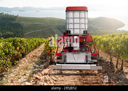 Autonome Robotersprühgeräte arbeiten in einem Weinberg. Konzept der intelligenten Landwirtschaft Stockfoto