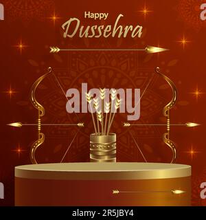 3D Podium im runden Bühnenstil, für die Feier des Dussehra Festivals, die indische Illustration von Lord Rama Symbolen mit orientalischen Elementen und Pfeilbogen auf C. Stock Vektor