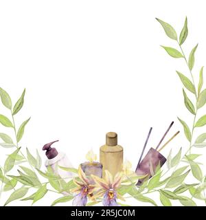 Handgezeichnete, wasserfarbene Spa-Hautpflegeprodukte mit Blumen und Blättern. Rahmenrahmen. Isoliert auf weißem Hintergrund. Design für Stockfoto