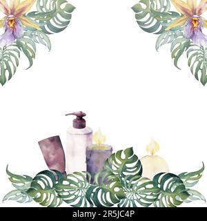 Handgezeichnete, wasserfarbene Spa-Hautpflegeprodukte mit Blumen und Blättern. Rahmenrahmen. Isoliert auf weißem Hintergrund. Design für Stockfoto