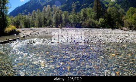 Winziger, klarer, kalter Bach mit Felssteinen im Arkhyz-Gebirge - Foto der Natur Stockfoto