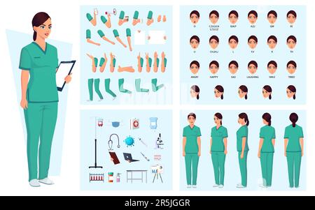 Krankenschwester, Ärztin Frau Charaktererstellungspaket mit Gesten, Gesichtsausdrücken, Krankenhausausstattung und medizinischem Zubehör. Stock Vektor