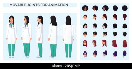Cartoon Doctor Charaktergestaltung mit weiblicher Ärztin in weißem Laborkittel vorne, hinten und seitlich mit mehreren Rennen und ethnischen Zugehörigkeiten Stock Vektor