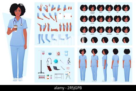 Krankenschwester, Doktor Charakterbauerin mit afroamerikanischer Frau, Gesichtsausdrücke, Emotionen, Handgesten, Posen und medizinische Ausrüstung Stock Vektor