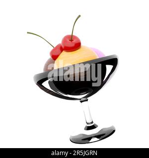 3D drei Kugeln Eiscreme in einem Glassymbol. 3D mit der Kirschkultur können Sie Eiscreme mit Bananen-, Schokoladen- und Erdbeergeschmack herstellen Stockfoto