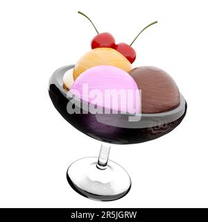 3D drei Kugeln Eiscreme in einem Glassymbol. 3D mit der Kirschkultur können Sie Eiscreme mit Bananen-, Schokoladen- und Erdbeergeschmack herstellen Stockfoto