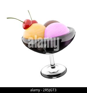 3D drei Kugeln Eiscreme in einem Glassymbol. 3D mit der Kirschkultur können Sie Eiscreme mit Bananen-, Schokoladen- und Erdbeergeschmack herstellen Stockfoto