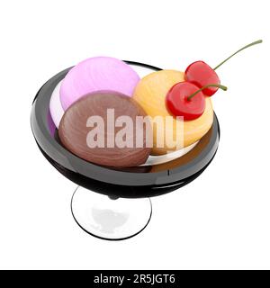 3D drei Kugeln Eiscreme in einem Glassymbol. 3D mit der Kirschkultur können Sie Eiscreme mit Bananen-, Schokoladen- und Erdbeergeschmack herstellen Stockfoto