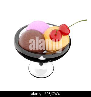 3D drei Kugeln Eiscreme in einem Glassymbol. 3D mit der Kirschkultur können Sie Eiscreme mit Bananen-, Schokoladen- und Erdbeergeschmack herstellen Stockfoto