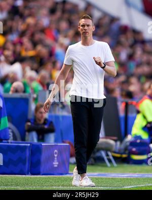 Eindhoven, Niederlande, 3. Juni 2023: Cheftrainer von Wolfsburg Tommy Stroot während des UEFA Womens Champions League-Finalspiels zwischen dem FC Barcelona und dem VFL Wolfsburg im PSV-Stadion in Eindhoven, Niederlande. (Daniela Porcelli/SPP) Stockfoto