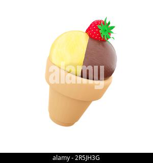 3D drei Eiswürfel mit Bananen-, Schokoladen-, Himbeer- und Erdbeergeschmack auf der oberen Legende. 3D Rendern Sie das Eiscreme-Symbol Stockfoto