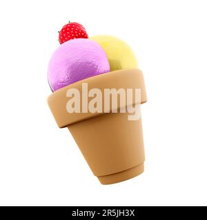 3D drei Eiswürfel mit Bananen-, Schokoladen-, Himbeer- und Erdbeergeschmack auf der oberen Legende. 3D Rendern Sie das Eiscreme-Symbol Stockfoto