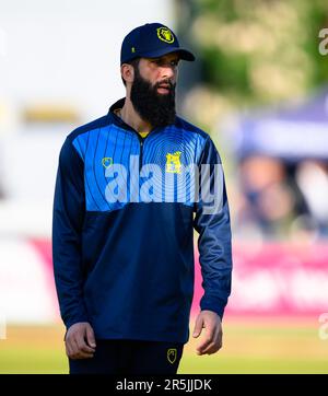 Moeen Ali aus Birmingham spielt bei einem Vitalitätsschlager-T20-Spiel gegen Derbyshire Falcons Stockfoto