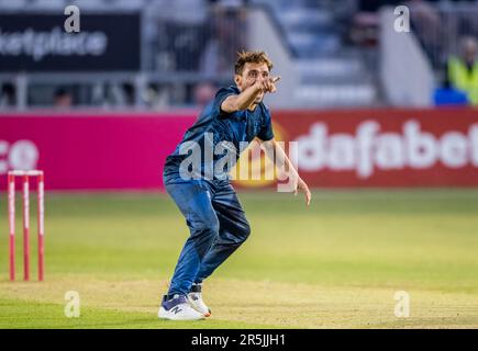 Zaman Khan von Derbyshire Falcons appelliert an ein Wicket in einem Vitalitätsblast T20-Spiel gegen Birmingham-Bären Stockfoto