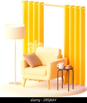 Vektorsessel mit Beistelltisch und Vorhängen. Moderne Möbel. Sessel mit Kissen, Couchtisch und Stehlampe Stock Vektor