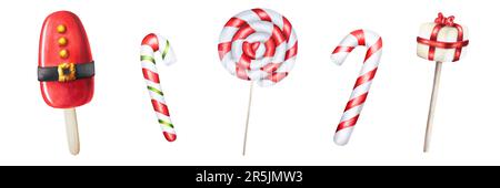 Aquarell-Set mit zuckerstangen und Eiscreme. Silvester-Handmalerei auf weißem Hintergrund isoliert. Neujahrshandschmerz Stockfoto