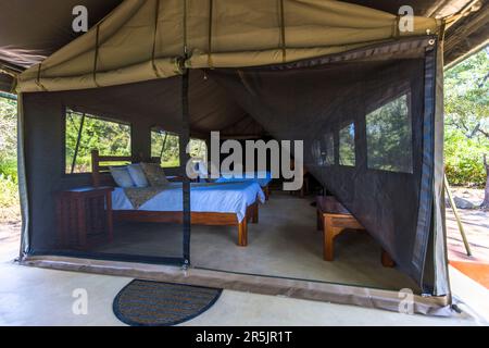 Thawale Tented Lodge im Majete Nationalpark, Malawi Stockfoto