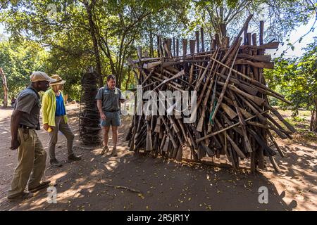 Park Manager John Adendorff, Majete Wildlife Reserve, benutzt beschlagnahmte Waffen, um Wilderungspraktiken zu erklären. Beschlagnahmte Waffen und Fallen, die von Wilderern im Gebiet des Majete-Nationalparks, Malawi, benutzt wurden Stockfoto