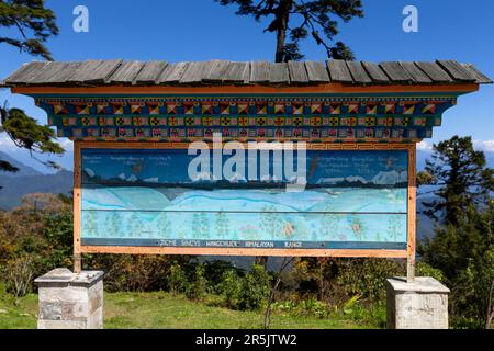 Informationstafel mit Gipfeln im Himalaya, Blick vom Dochula Pass, Bhutan Stockfoto