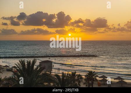 Strand durch Palmen bei Sonnenuntergang. Malerische Mittelmeerküste, Sandstrand in Netanya, Israel Stockfoto