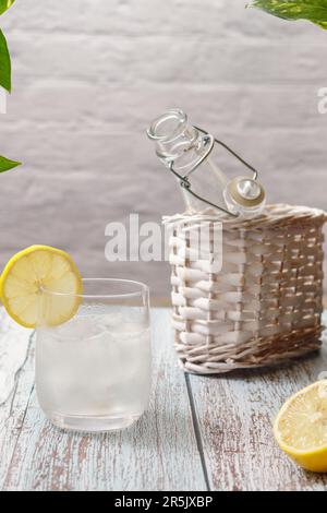 Ein Glas Wasser mit Ingwer und Zitrone. Ein sehr erfrischender Drink. Auf dem Foto sind auch ein Baumstamm und eine Pflanze zu sehen, die die natürliche Zutat repräsentieren Stockfoto