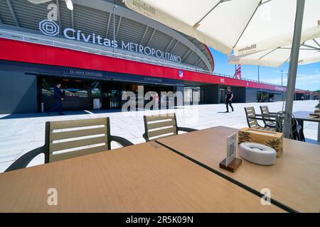 Blick auf die moderne Arena Civitas Metropolitano - das offizielle Heimstadion des FC Atletico Madrid Stockfoto