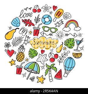 Die Sommerfarbe ist ein rundes Symbol. Hallo, Summer. Symbolsammlung mit handgezeichneten Linien. Set mit Sommersachen am Strand. Stock Vektor