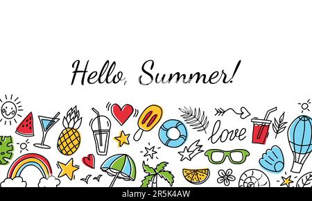 Hallo-Sommer-Banner. Symbolset mit Sommerfarben. Symbolsammlung mit handgezeichneten Linien. Set mit Sommersachen am Strand. Stock Vektor