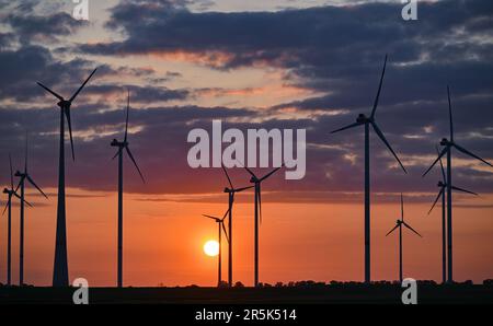 Jacobsdorf, Deutschland. 01. Juni 2023. Eine Windfarm bei Sonnenuntergang. Nach Angaben des Bundesverbands WindEnergie e.V. (Deutscher Windenergieverband) liegt der Bundesstaat Brandenburg an zweiter Stelle unter den Bundesländern mit der größten installierten Kapazität von Windkraftanlagen. Somit wird etwa ein Drittel des Strombedarfs aus Windenergie erzeugt. Kredit: Patrick Pleul/dpa/Alamy Live News Stockfoto