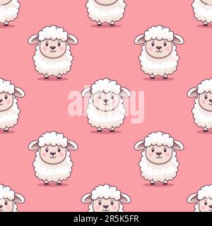 Nahtloses Vektormuster mit lustigem, süßem Schaf auf pinkfarbenem Hintergrund. Cartoon Sheep Nahtlose Textur, Textil, Tapetendesign für Kinder. Nahtlose Textur Stock Vektor