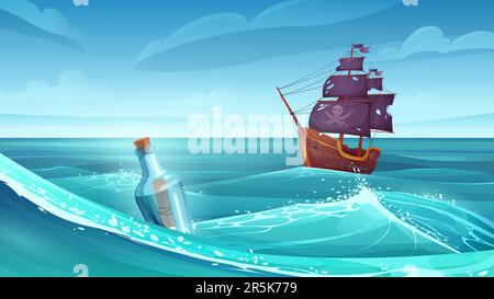 Altes Piratenschiff und Flasche mit Schriftrolle oder Schatzkarte aus Papier, die im Ozean oder im Meer schwebt, Vektordarstellung. Cartoon-Schlachtschiff nach Schiffswrack mit kaputtem Deck und zerrissener Flagge am Horizont Stock Vektor