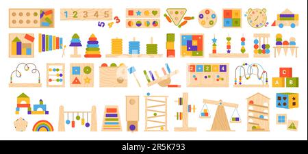 Lernlogik Holzspielzeug für Montessori-Spiele Vektorbildner. Cartoon isolierte Kindergarten-Holzausrüstungssammlung mit Regenbogenrätseln, Bausteine unterschiedlicher Form für Vorschulkinder Stock Vektor