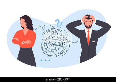Missverständnisse zwischen Geschäftspartnern Vektordarstellung. Cartoon-Mann und -Frau missverstehen Botschaften und Informationen, schlechte Kommunikation und Meinungsverschiedenheiten, Konflikt zweier Gesprächspartner Stock Vektor