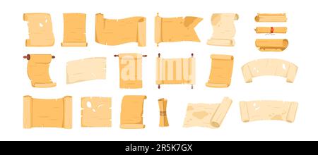 Pergament scrollt Vektordarstellung festlegen. Cartoon isolierte alte Papyrus-Rollen-Sammlung mit altem Papierbogen für Schatzkarte, Vintage-Dokument, Brief mit zerrissener Struktur und gerolltem Diplom Stock Vektor
