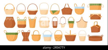 Korbset-Vektordarstellung. Isolierter Cartoon-Korb aus Holz, Bambus und Stroh, mit Hampern unterschiedlicher Form, Kisten für Wäschelagerung und Picknick, Beutel mit Griffen für den Markt Stock Vektor