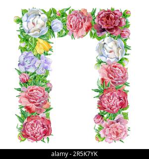 Aquarelle Blumen, isoliert handgezeichnet, Hochzeitsdesign, kyrillisches russisches Alphabet 17 Stockfoto