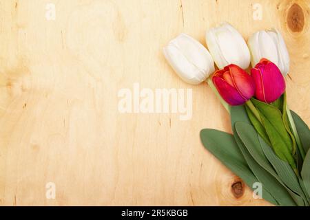 Tulpenblumen auf Holzhintergrund mit Kopierraum. Zarte Tulpen verstärken die Grußkarte aus Holz. Stockfoto