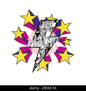 T-Shirt-Design mit Leoparden und dem Symbol für Donner umgeben von Sternen. vektordarstellung im Kitsch-Stil. Stock Vektor