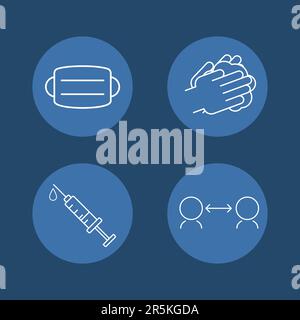 Vektor-Symbolsatz von Sicherheitshinweisen während der Covid-19-Pandemie. Maske tragen, Hände waschen, sich impfen lassen und sicheren Abstand halten Stock Vektor