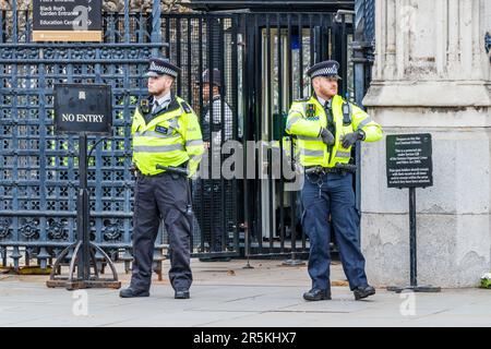 Polizeibeamte der Metropolitan, die Wache an den Carriage Gates of the Houses of Parliament (Palace of Westminster), London, Großbritannien, halten Stockfoto