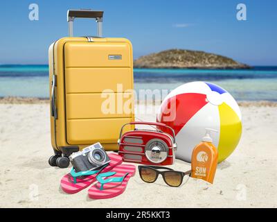 Zubehör für Sommerreisen und Strandurlaube. Reise- und Tourismuskonzept. 3D Abbildung Stockfoto