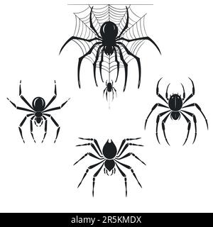 4 Spider-Silhouetten auf weißem Hintergrund. Vektordarstellung Stock Vektor