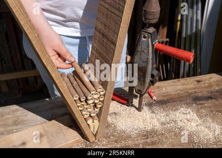 Ein dekoratives Insektenhaus aus Holz. Stockfoto