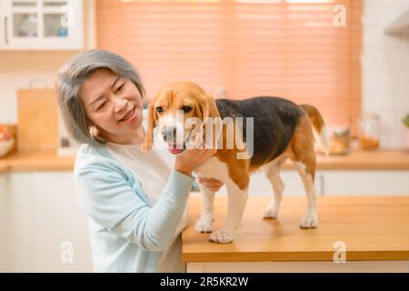 Glückliche Seniorin mit Haustieren. Großmutter und Hund machen Porträtfotos. Stockfoto