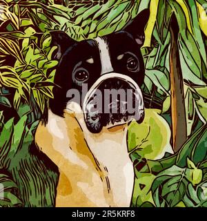 Aquarellmalerei. Druckbare botanische Illustration, Stoffmuster, zur Verwendung in Grafiken. Der Hund in der Illustration. Stockfoto