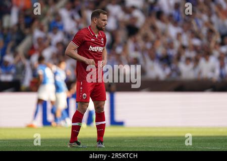 Genk, Belgien. 04. Juni 2023. GENK, BELGIEN - JUNI 4: Michel Ange Balikwisha vom FC Royal Antwerpen sieht während des Spiels der Jupiler Pro League zwischen KRC Genk und Royal Antwerpen in der Cegeka Arena am 4. Juni 2023 in Genk, Belgien, deprimiert aus (Foto von Joris Verwijst/Orange Pictures). Guthaben: Orange Pics BV/Alamy Live News Stockfoto