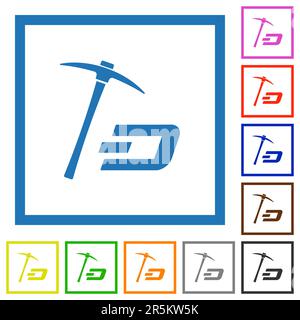 Dash Cryptocurrency Mining mit flachen Farbsymbolen in quadratischen Rahmen auf weißem Hintergrund Stock Vektor
