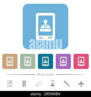 Weiße flache Symbole für mobile Spiele auf abgerundeten quadratischen Hintergründen. 6 Bonus-Symbole enthalten Stock Vektor