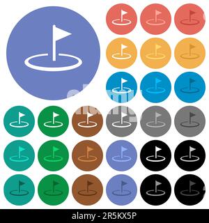 Golfflagge mehrfarbige flache Symbole auf rundem Hintergrund. Enthält weiße, helle und dunkle Symbolvarianten für Hover- und aktive Statuseffekte sowie Bonus Stock Vektor